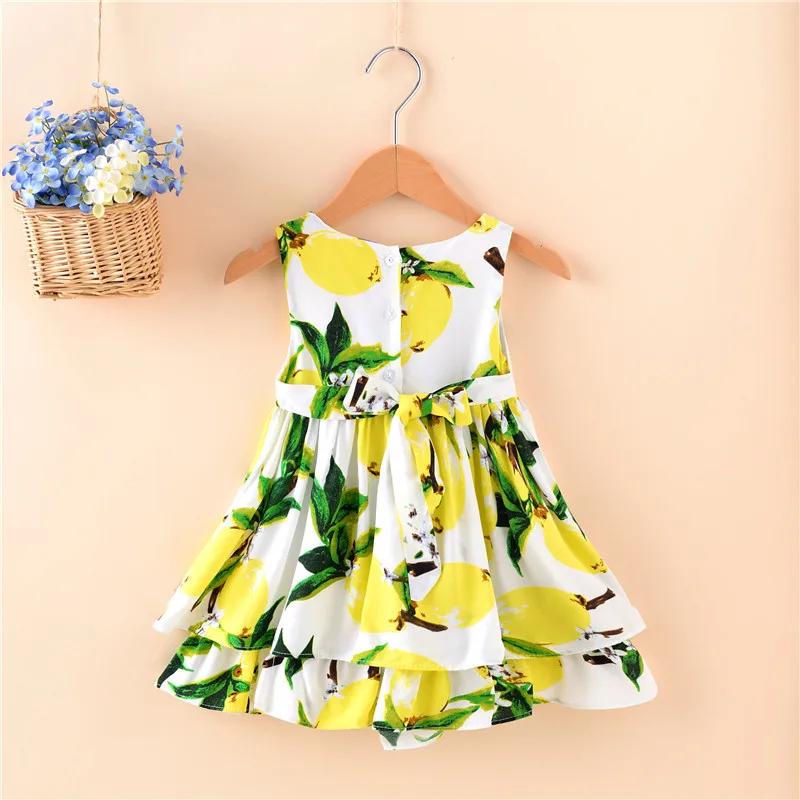 Summer beach casual baby girl dress with lemon print all over bow at waist sleeveless princess dress