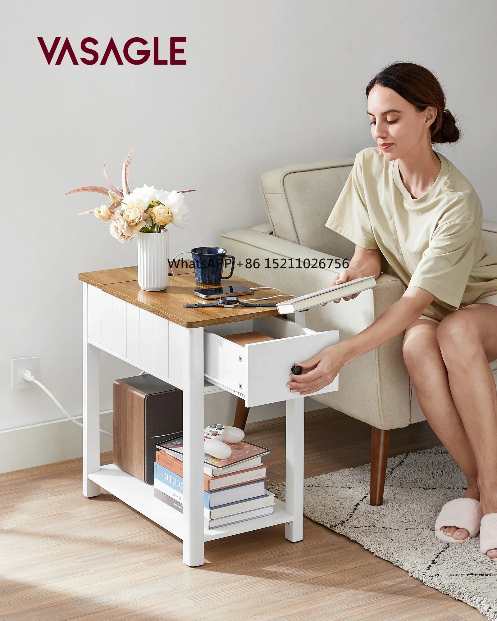 modern smart side table with charging MDF Wood Nightstand Side Table With Drawer