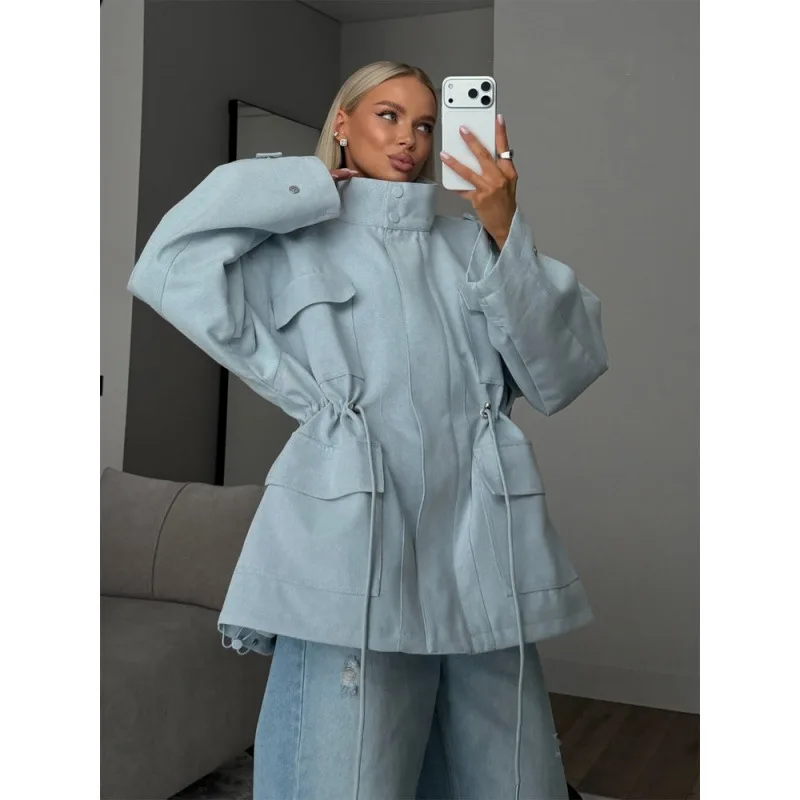Stand Collar Button Closure Flap Pockets Long Sleeve Coats Lady Casual Outfit Women Light Blue Drawstring Waist Jacket