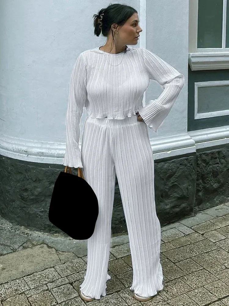 

GUWU плиссированный женский комплект, блузка с длинными рукавами, футболка и прямые брюки, элегантный уличный спортивный костюм, комплект из двух предметов, наряды