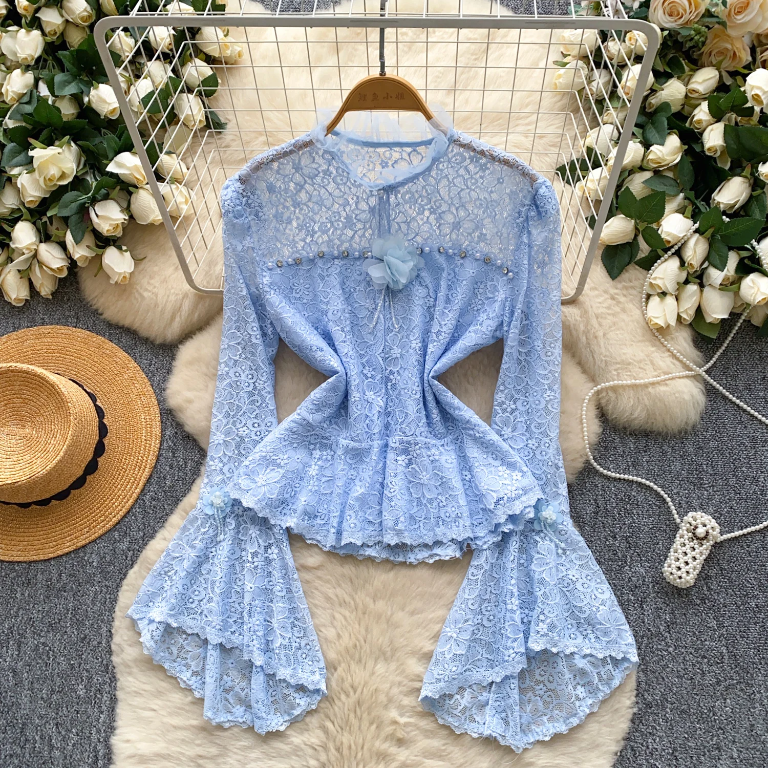 Vintage elegante manga alargamento beading blusa de manga longa moda camisa hotsweet topo fada camisa feminina