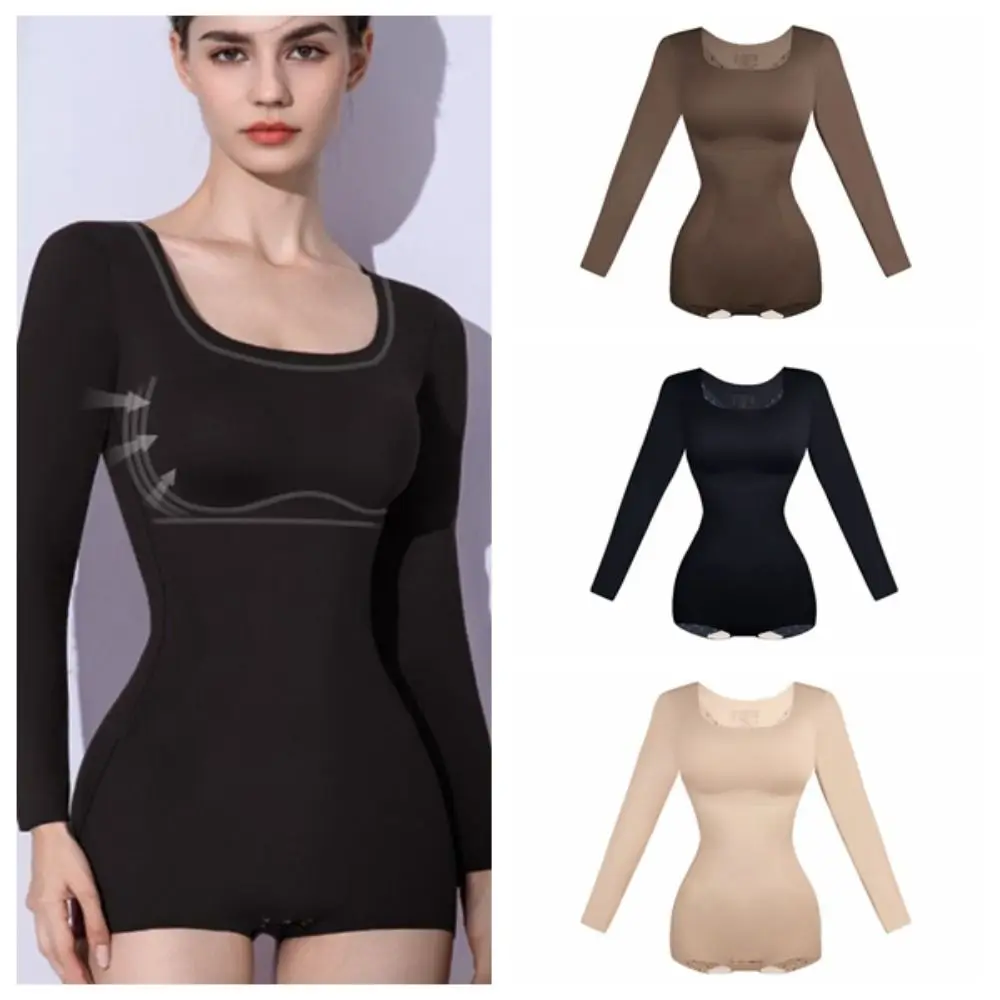 심플한 U넥 바디수트 쉐이프웨어 슬림핏 뱃살 보정 심리스 속옷 여성 힙업 롱 슬리브 요가 점프수트 여성용