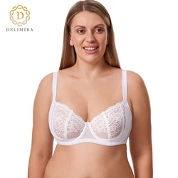 DELIMIRA Women's Balconette Lace Bra Plus Size Sexy See Through Unlined Underwire Transparent Full Coverage Bras