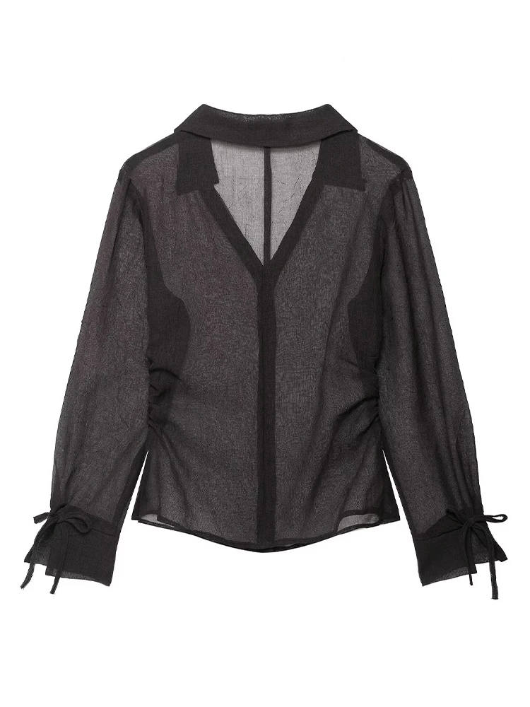 HH Women Autumn New Fashion Bow Decorative Translucent Shirt Female Temperament Sexy Single Breasted Slim Long Sleeve Shirt