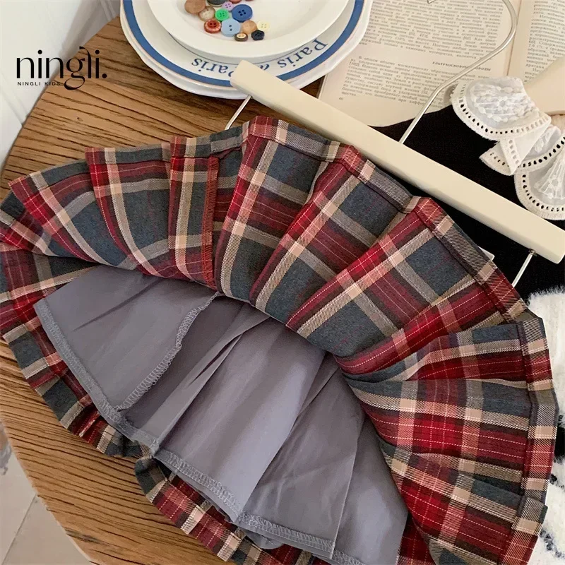 Girls Skirt Plaid Children 2024 New Spring and Summer Red Fashion Dress Simple Casual Skirt European Fashion Style Clothes