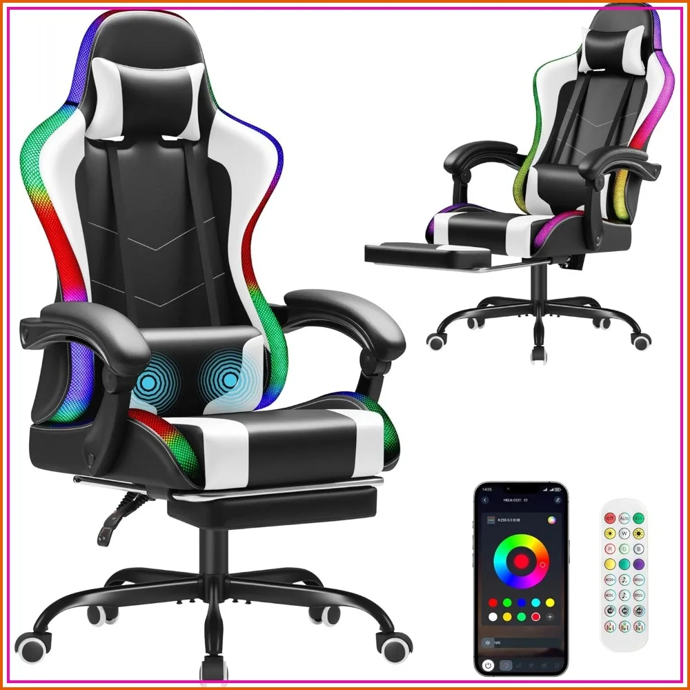 

Ergonomic Gaming Chair with Footrest, Massage Lumbar Support, Height Adjustable, Swivel Seat, Headrest (RGB Ivory)