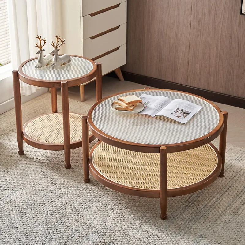 

Solid wood coffee table round combination Nordic living room simple glass tea table household small apartment side table