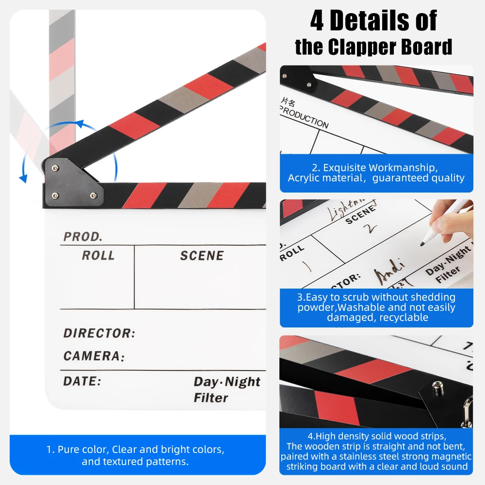 Selens Clapper Board Acrylic Movie Action Slate Director Film Clapboard Slate Wooden with Pen