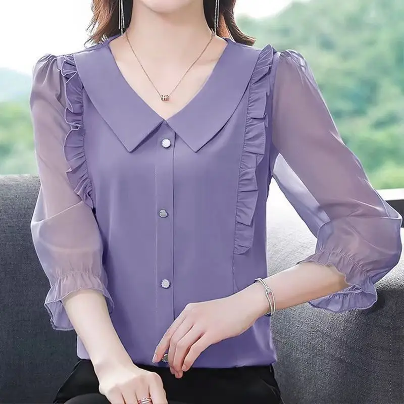 Women Korean Fashion Ruffle Elegant Button Shirt Spring Summer Casual Three-quarter Sleeve Blouse Solid Loose Tops Blusas Mujer