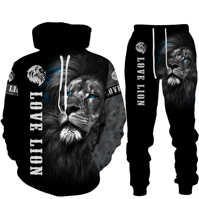 Trendy Cool Men's Lion Pattern Print Hoodie Set Autumn Winter Casual Suit Oversize Tracksuit Animal Hoodies Two-piece Streetwear