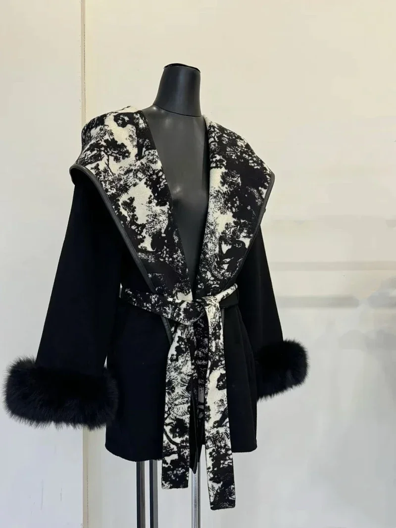 Printed Ink Painting Hooded Double-sided Woolen Coat Women's Fox Fur Coat
