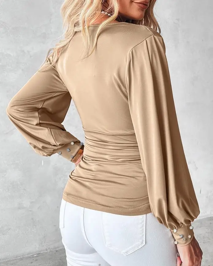 Vネック長袖カジュアルパールデックシンチブラウス