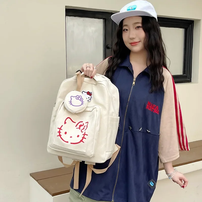 Xiuya Y2k ransel Vintage wanita, tas punggung kanvas kartun Hello Kitty perca kasual gaya kuliah, tas Kawaii wanita modis