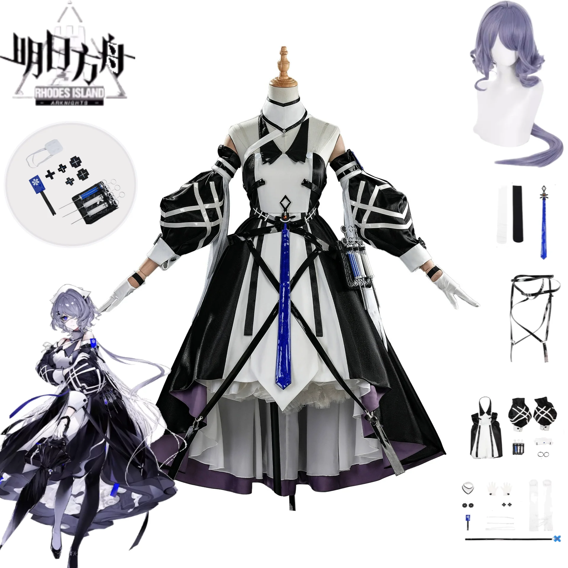 

Arknights Cosplay Costume Whisperain Original Skin Dark Purple Gothic Lolita Dress Full Set with Wig Choker Hair Accessories
