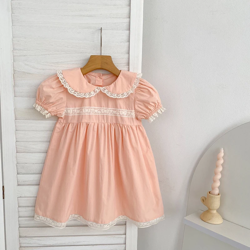 2026 New Summer 2-6Yrs Kids Princess Short Sleeved Solid Color Dresses Sister Clothing Cotton Baby Birthday Party Lace Dress