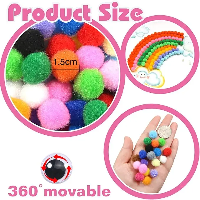 Pompones surtidos de 0,6 pulgadas, bolas de pompones peludos multicolores, suministros de arte con ojos de movimiento para decoraciones artesanales DIY