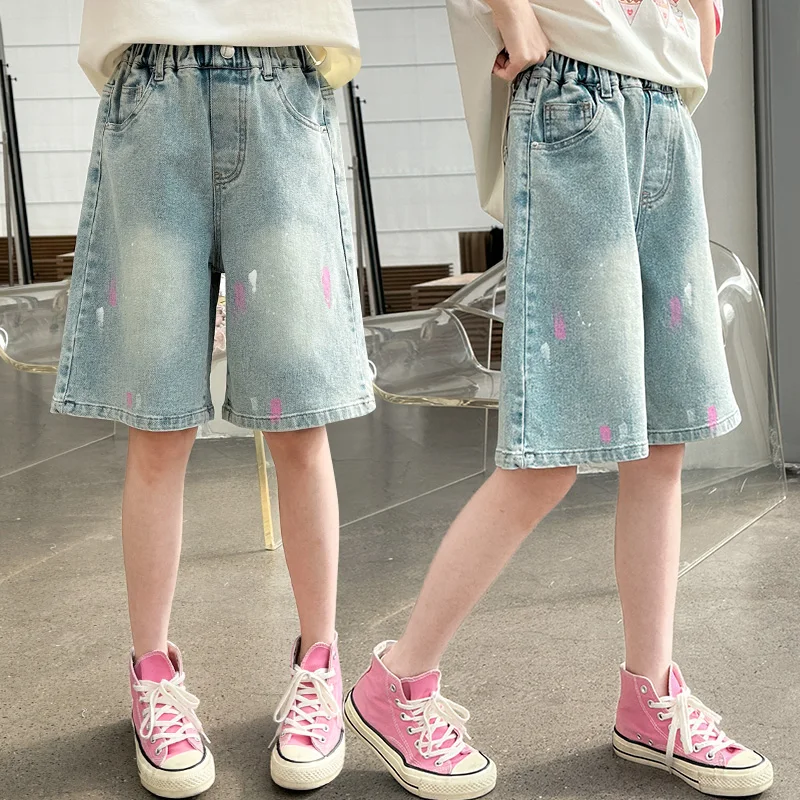 أنيق الأطفال الصيف الدنيم السراويل مع الرسومات للمراهقات فضفاضة تناسب الركبة طول Capris السراويل الاطفال شورت جينز غير رسمي