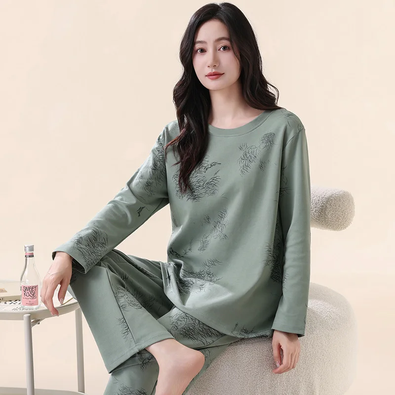 Women Pure Cotton Pijamas Geometric Print Pajama Sets Sleepwear Long Sleeve Tops+Long Pants Pajamas Home Clothing Pyjamas Female