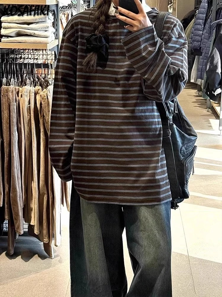 

Y2k Эстетика контрастного цвета в полоску футболка женская Harajuku повседневная уличная одежда винтажные топы осенние простые футболки большого размера в стиле гранж