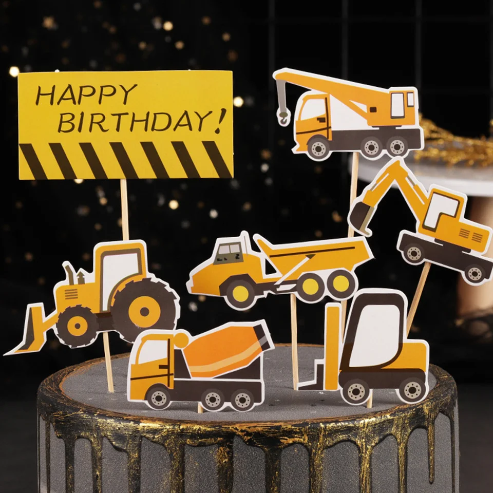 Construction Vehicle Cake Toppers Excavator Bulldozer Paper Toppers for Boy\'s Construction Birthday Party DIY Cake Decorations