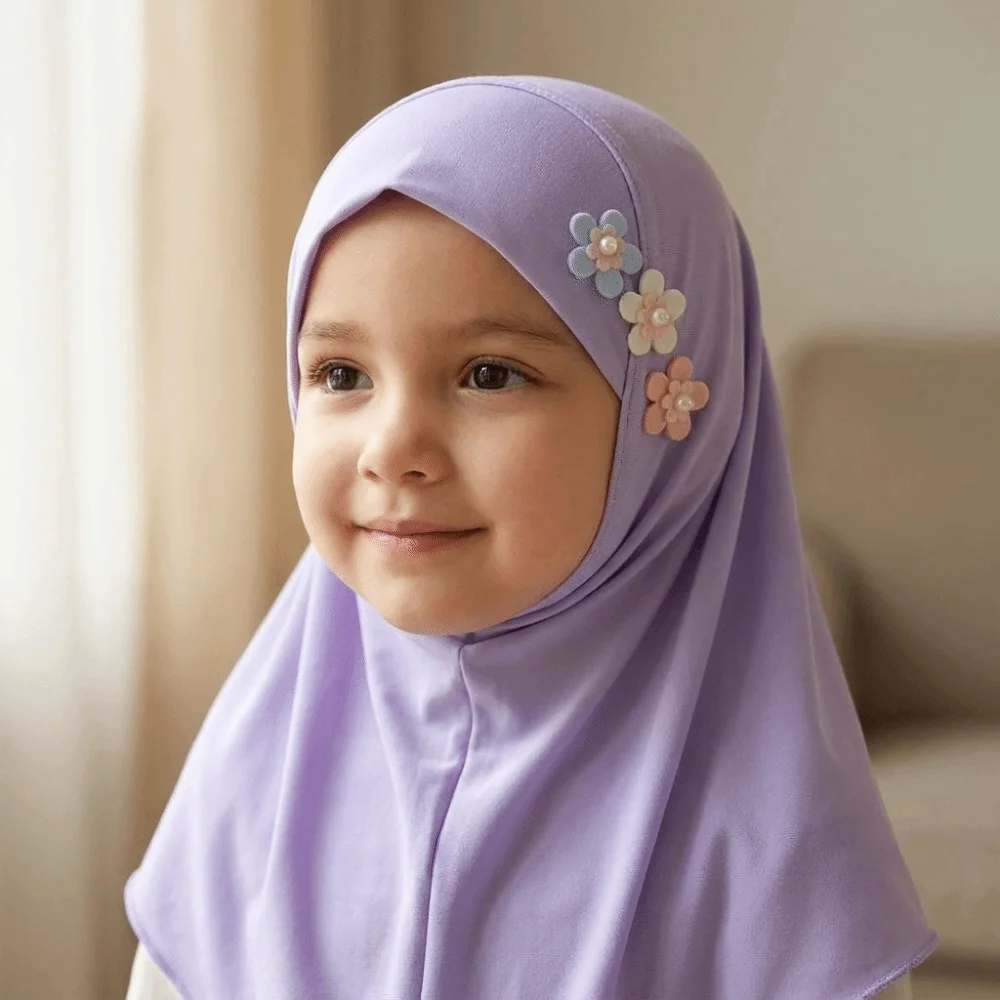 Soft Little Girls Pull-On Hijab with Floral Ornament Non-slip Crystal Linen Headscarf Breathable Solid Colors Head Cover Casual