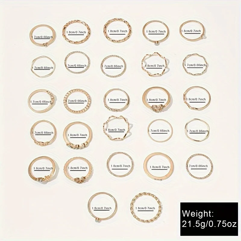 28-teiliges Set aus zarten goldenem Ring aus Zinklegierung, Schmuck, eleganter sexy Stil für Frauen, Sommer-Stapelring – Detail 4