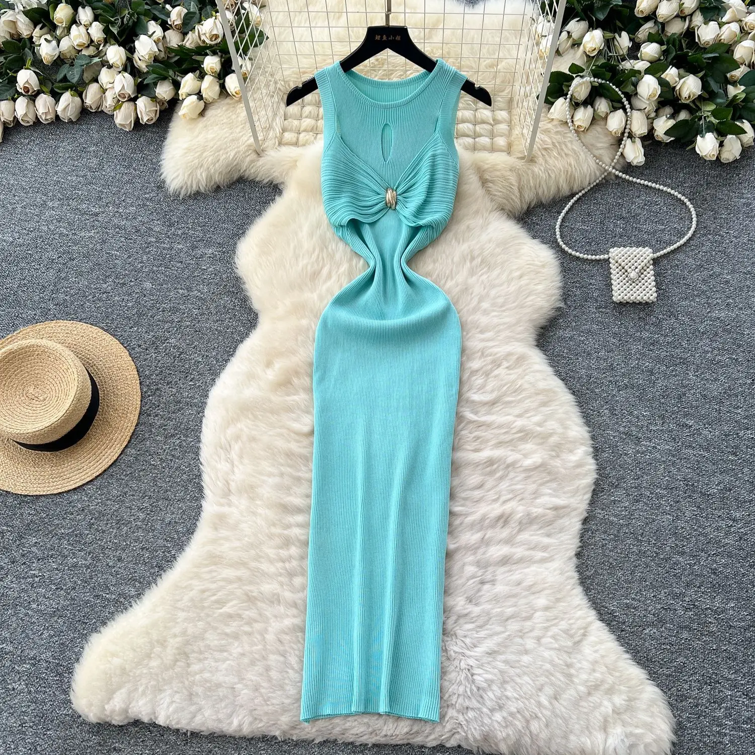 Frauen Gestrickte Kleider, Figurbetontes Kleid Y2k Knöchellänge Ärmellos Rundkragen Raffen Ausschnitt Vestidos Lässig Elegant 2025, Herbst