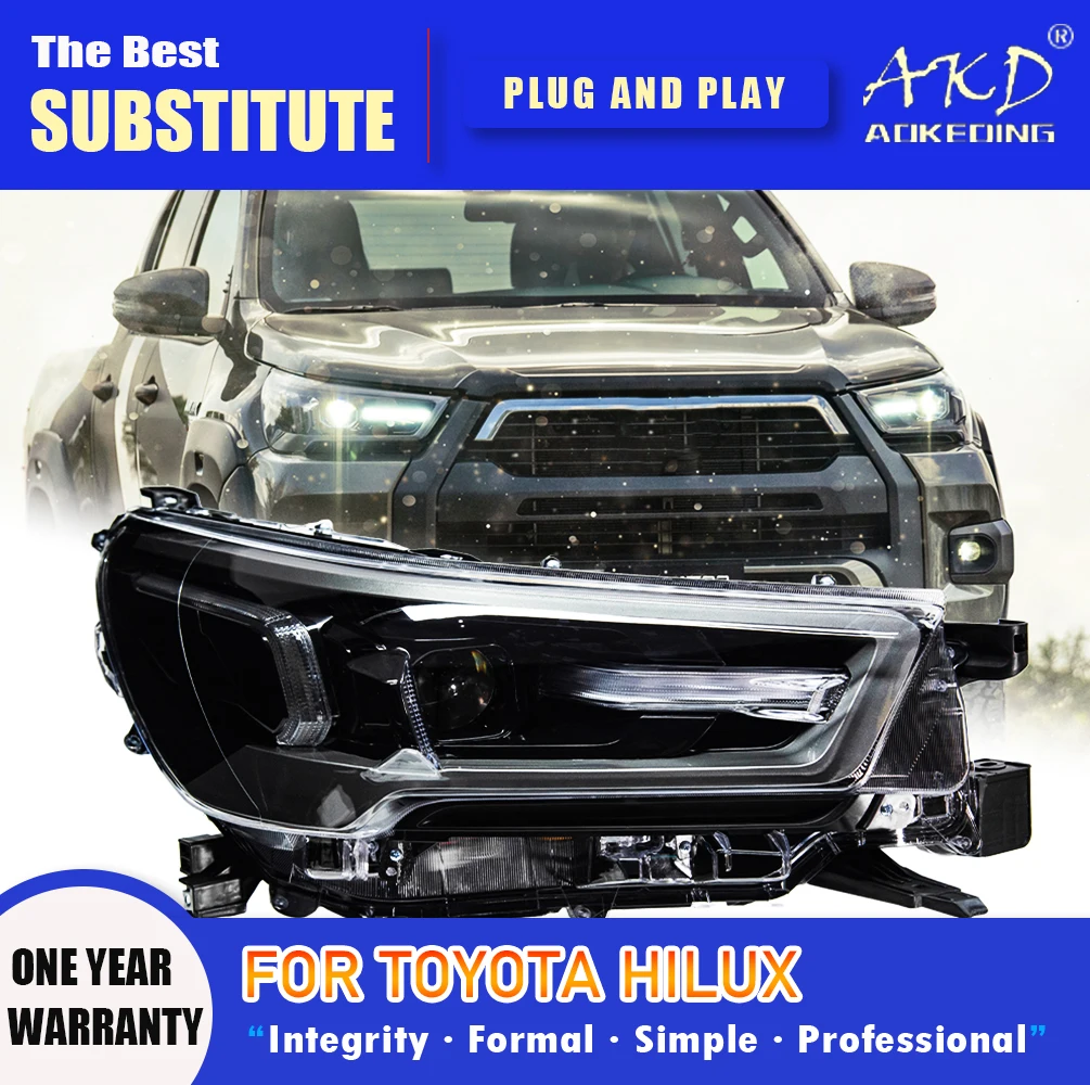 

Фара AKD для Toyota Hilux, светодиодная фара 2021-2024, фары HILUX DRL, указатель поворота, дальний свет, линза проектора «ангельский глаз»