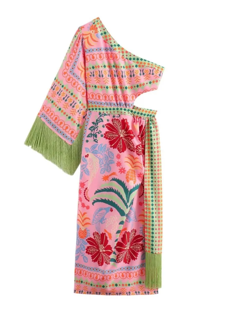 

Vintage Printed Dress Women Summer Fashion Off Shoulder Hollow Out Robe Female Summer Single Sleeve High Waist Soft Dresses Lady