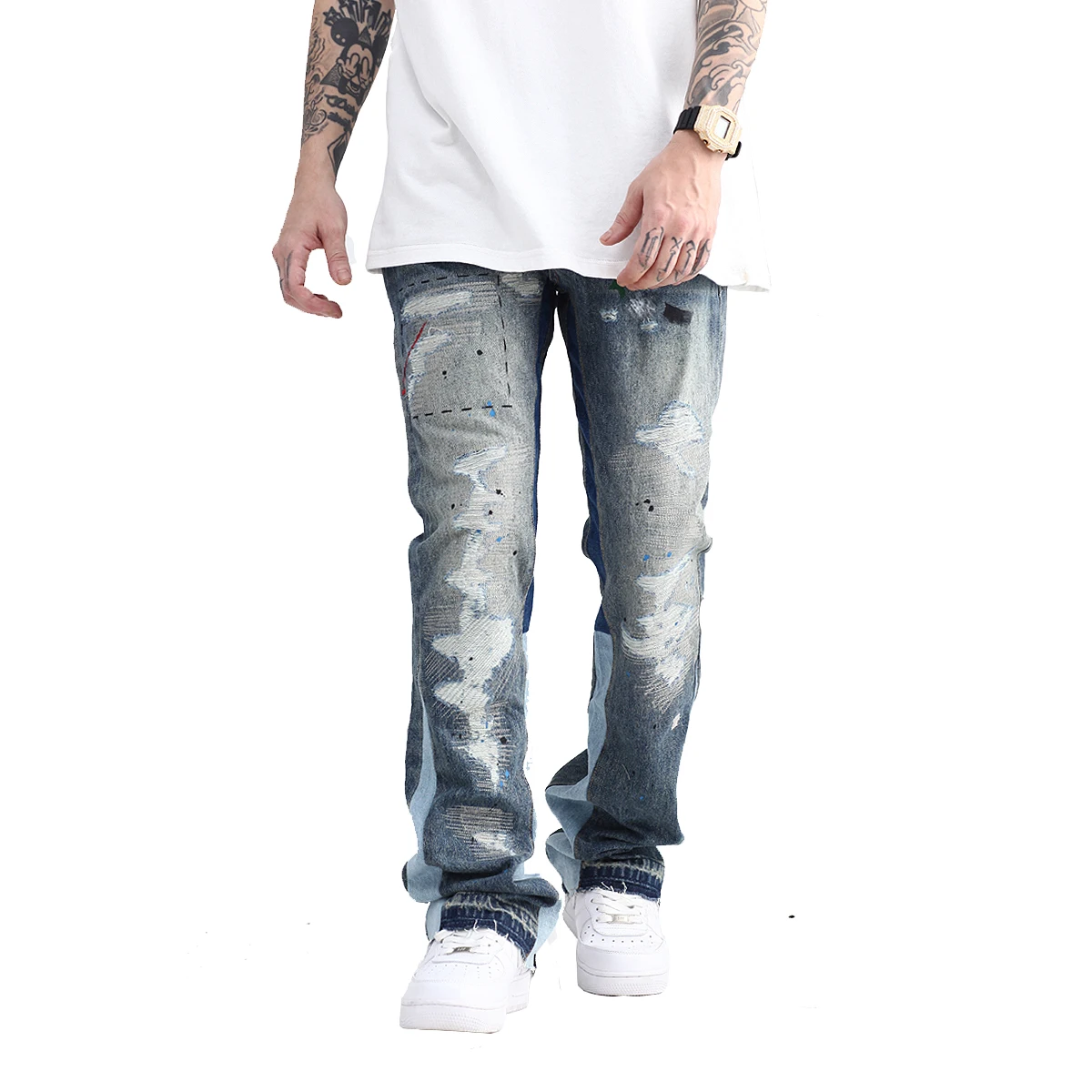 Blue Speckle ink Washed Destroyed Flared Jean Pants Hip Hop Graffiti Ripped Denim Jeans for Men Streetwear Vintage Wide Jeans