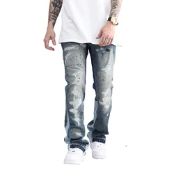 Blue Speckle ink Washed Destroyed Flared Jean Pants Hip Hop Graffiti Ripped Denim Jeans Men Streetwear Vintage Wide Leg Jeans