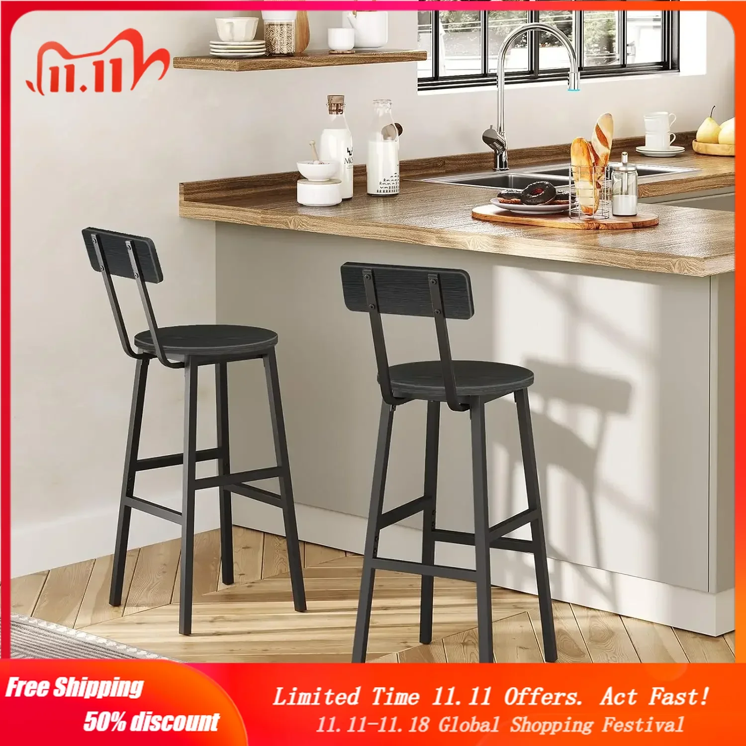 

Bar Stools, Set of 2 Round Bar Chairs, 24.4 Inches Bar Stools with Back, Breakfast Chairs with Footrest, Counter Stools