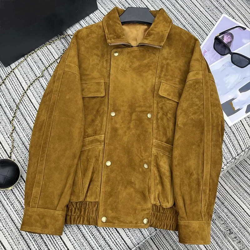 

High quality Cow suede women's double breasted zipper lapel jacket luxury clothes new 2025 outerwear coat 25121006