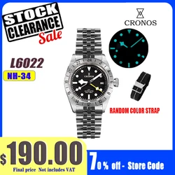 Cronos Vintage GMT 39mm NH34 Automatic Men Watch Mechanical Sapphire Glass Date Window BGW9 LUM Leather Strap Bracelet L6022M