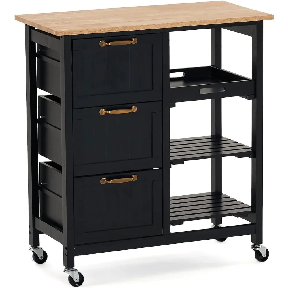 

Kitchen Island Cart with 3 Drawers 2 Tier Holders 1 Removable Tray Black Rolling Kitchen Storage Home Serving Bar Cart