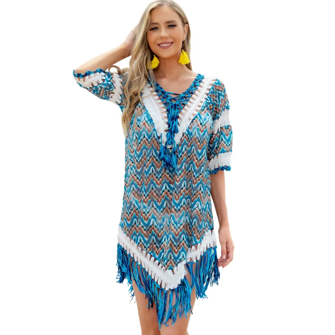 

Wave Printing Bohemian Style Beach Dress Tunic Bikini Cover Up for Women Hollow Hand Crochet Patchwork Tassels V-neck Blue Red