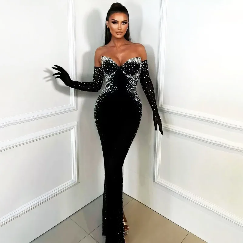 

Elegant Sleeveless Evening Dress For Women Sexy Strapless Beading Rhinestone Bandage Bodycon Formal Party Vestidos De Fiesta