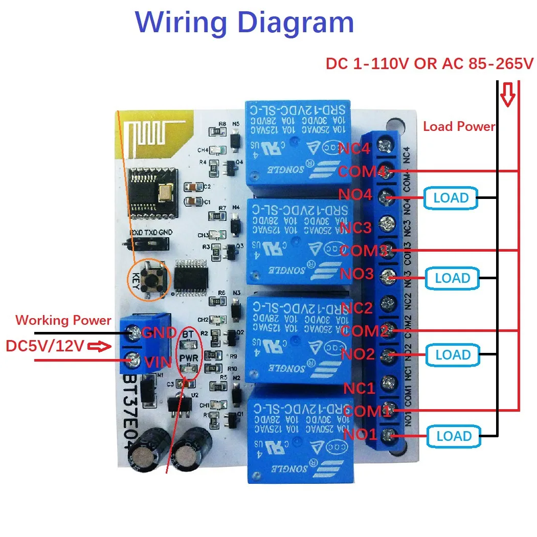 DC 5V 12V 4 Channels 5.0 Relay 2.4G RF Remote Control IOT Module Command Customized Switch for IOS Android Bluetooth-compatible