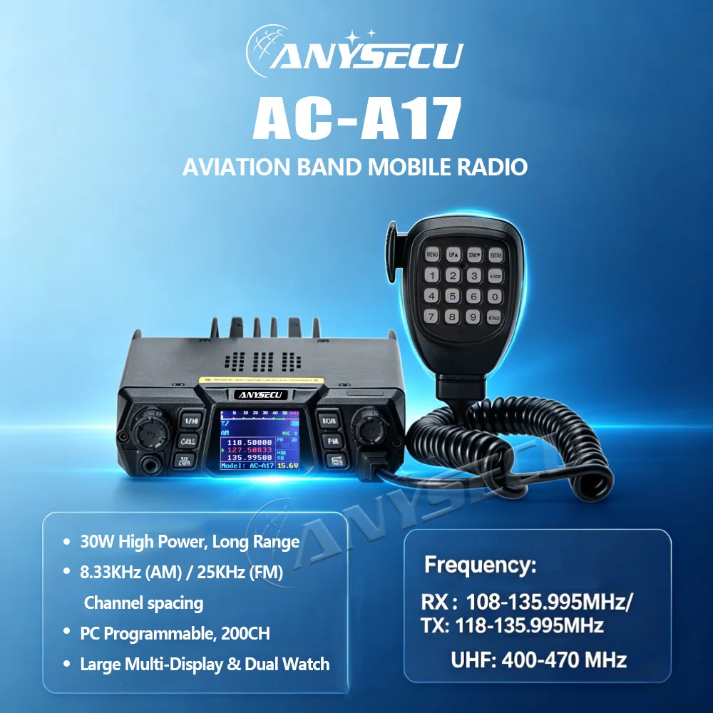 ANYSECU AC-A17 30W Aviation Band UHF Mobile Radio AM FM Transceiver 200CH 8.33KHz 25KHz PC Programmable Backlit Numeric Hand Mic