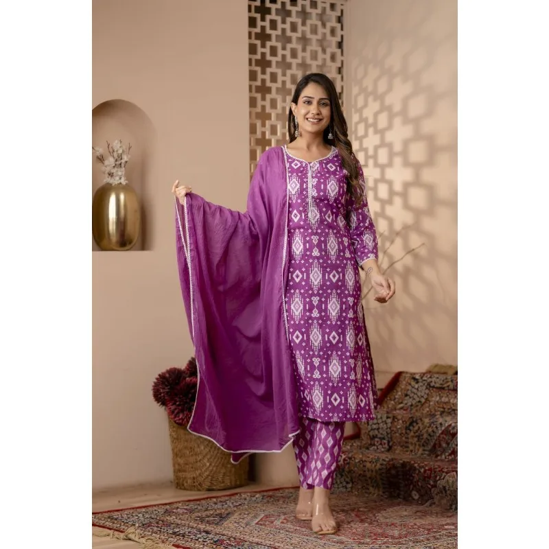 

Purple Color Printed Kurta Palazzo with Dupatta Set Women Readymade Kurti Pant Set