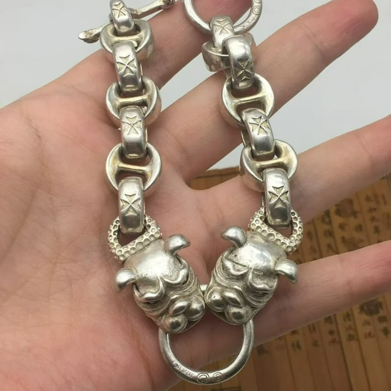 

Mai Chuang/ Old China Tibetan Silver Hand-made Nepalese Double Animal Heads Strand Bracelet Domineering Men Women Couple Gift