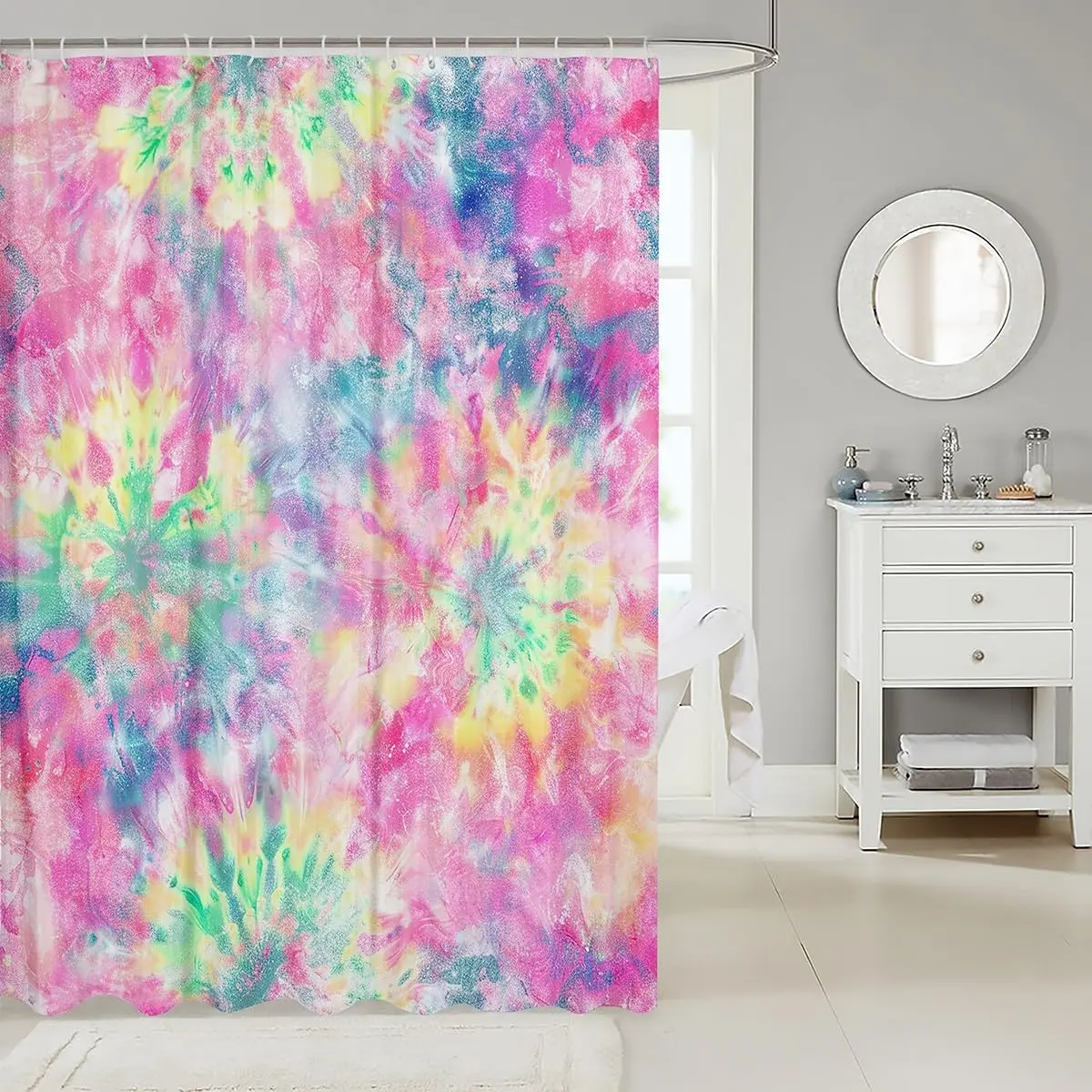 Kids Tie Dye Shower Curtain,Girls Bohemian Hippie Bath Curtain,Watercolor Psychedelic Bathroom Accessories,Waterproof Polyester