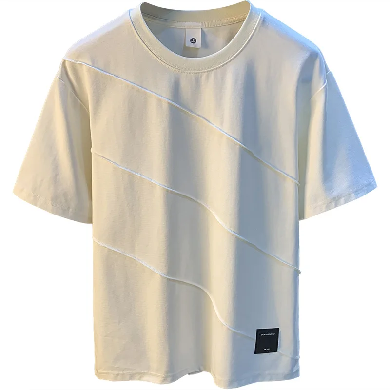 Summer thin men's short sleeved T-shirt ice silk cotton breathable quick drying folding line design sense top