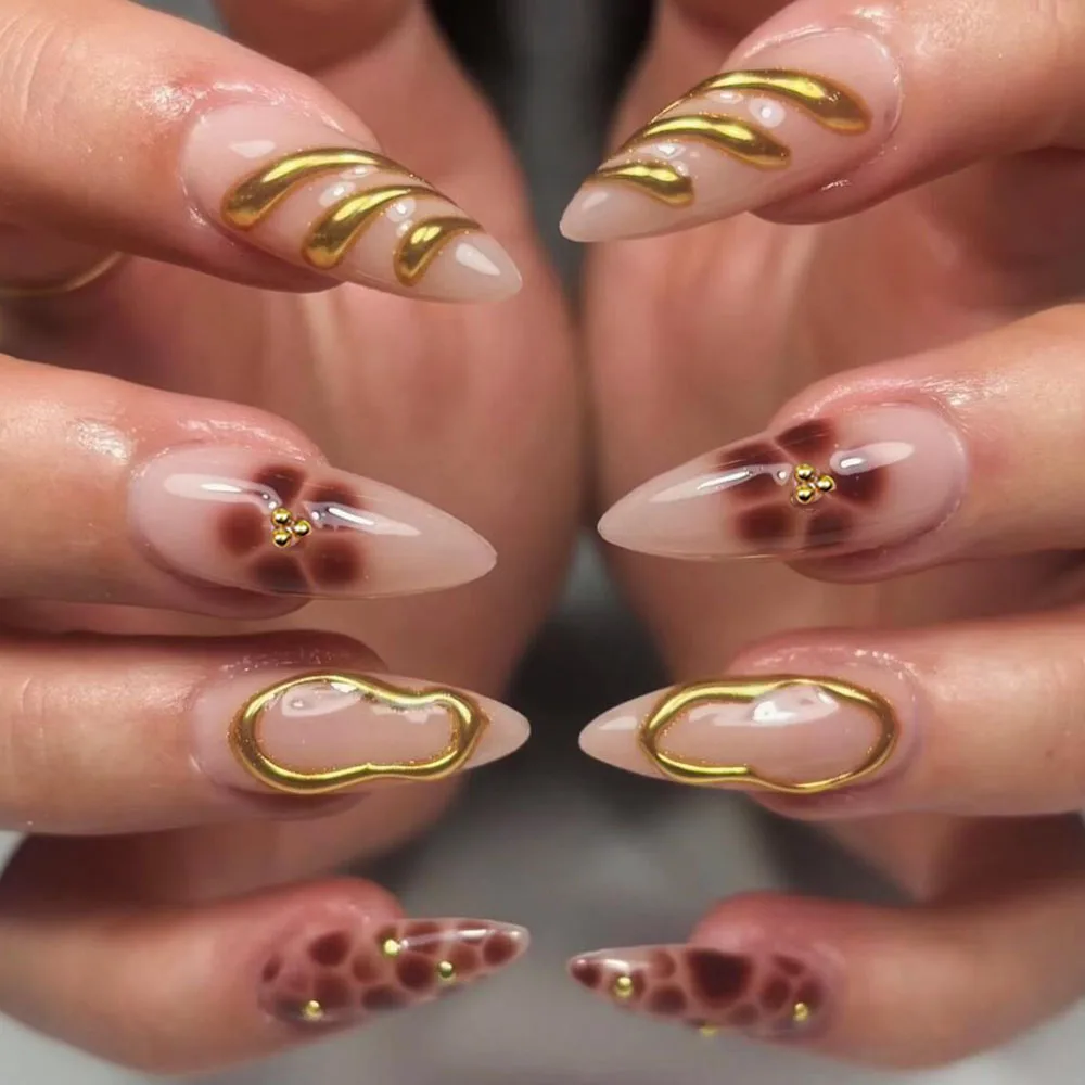 24Pcs Almond Press on Fake Nails 3D Flower Pearl with Maillard Leopard Print French Nail Full Cover Wearable False Nail Tips Art