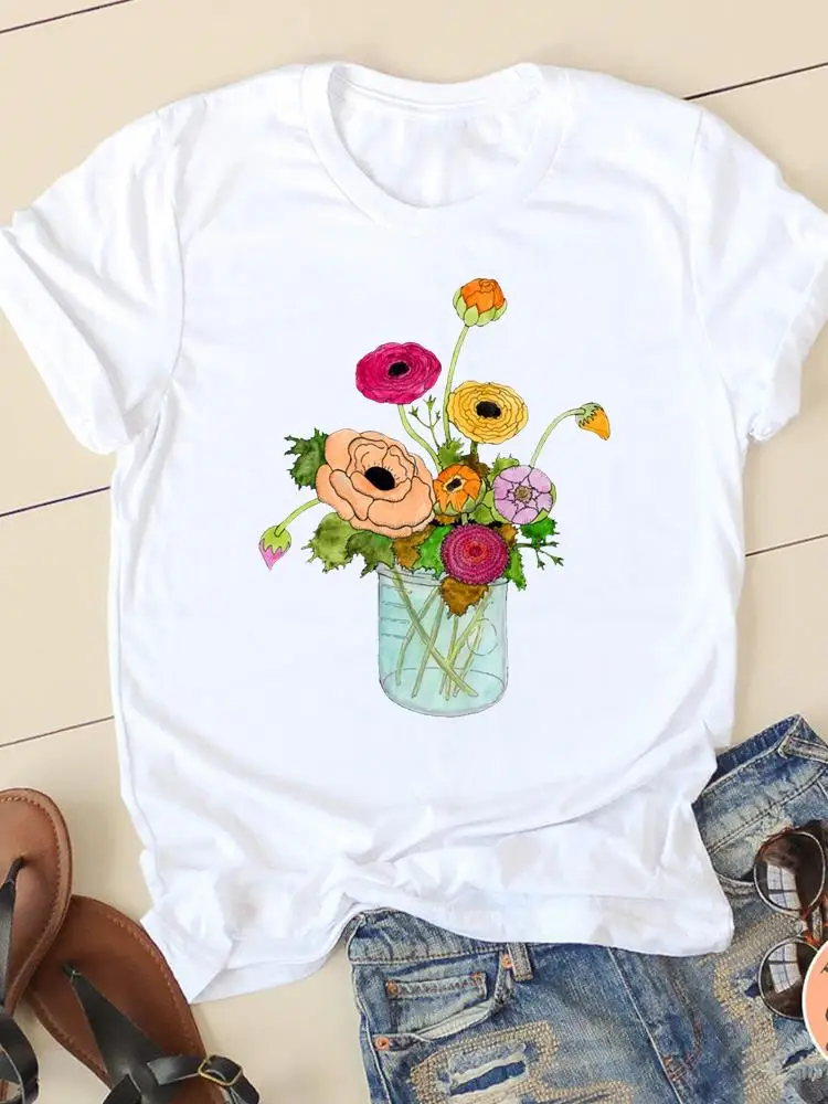 

Short Sleeve Ladies Casual Clothing Women T Clothes Flower Lovely Cute 90s Print T-shirts Fashion Female Graphic Tee