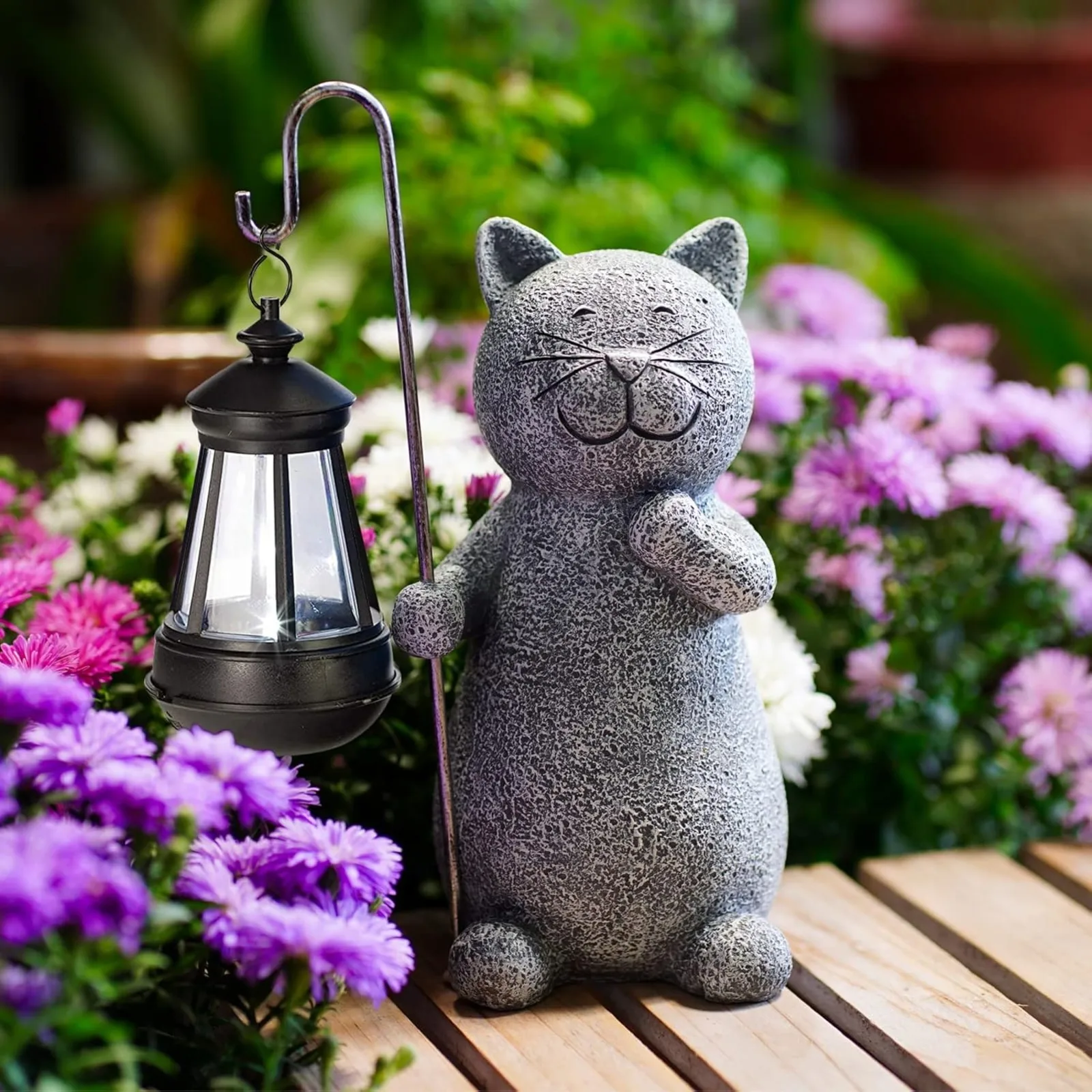 

US Solar Garden Statue Cat Figurine- Garden Art with Lantern, Loving Cat for Patio,Balcony,Yard, Lawn-Unique Housewarming