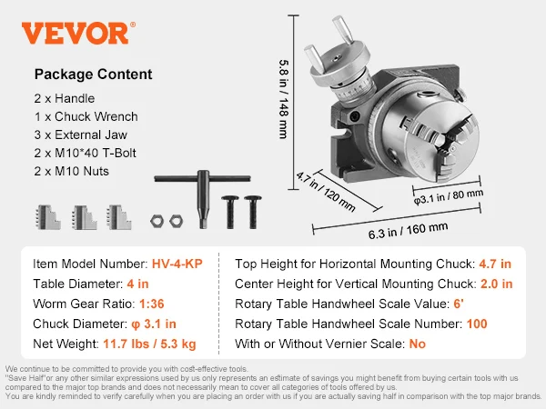 SucceBuy Precisie Frezen Draaitafel 4 ''/100mm Horizontaal Verticaal Model met 3-Jaw Chuck Indexeringsgereedschap voor Freesmachines
