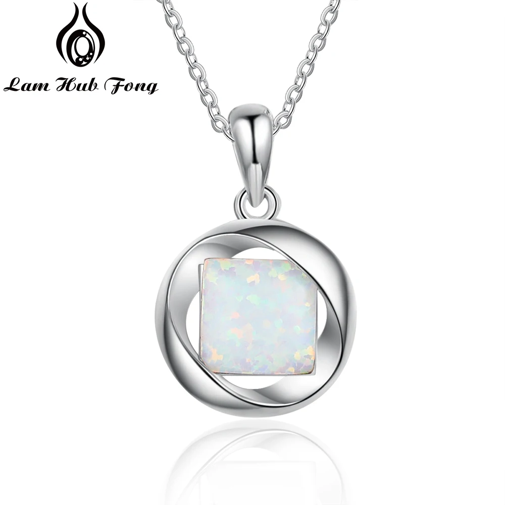 Classic Opal Pendant Necklaces for Women Square White Opal Stone Chain Link Necklaces Fashion Jewelry (Lam Hub Fong)