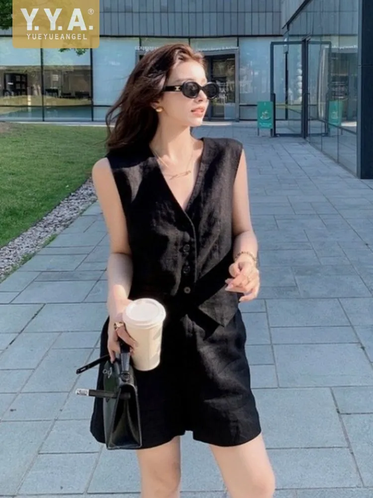Hot Sale Female Fashion Linen Cotton Sets Summer Spring Above Knee Outfits Casual Sleeveless Easy Matching Two Piece Vest Set