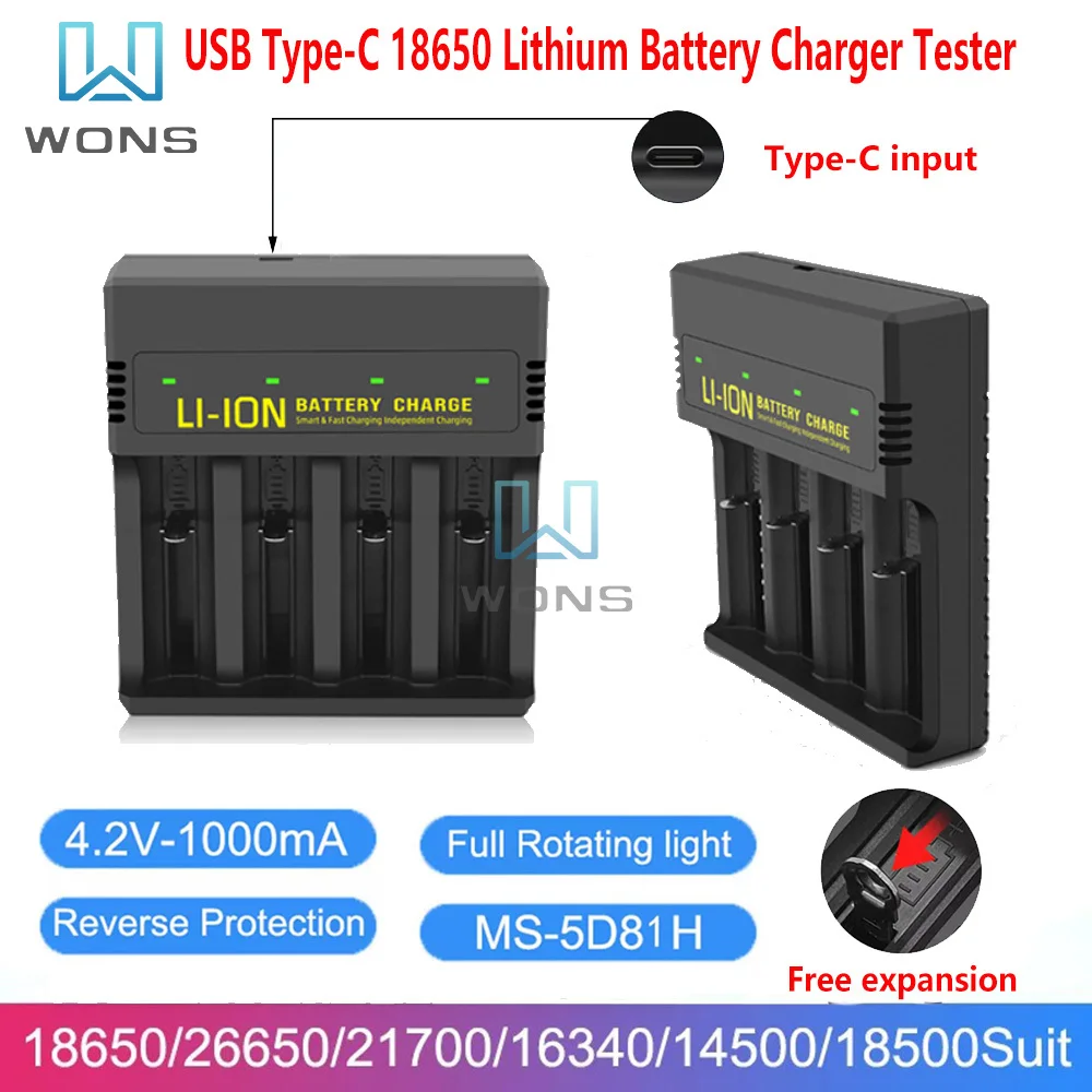 18650 Battery Charger Tester 2 4 Slots USB Type-C Lithium Battery Charger Adapter 4.2V Rechargeable Battery Capacity Indicator